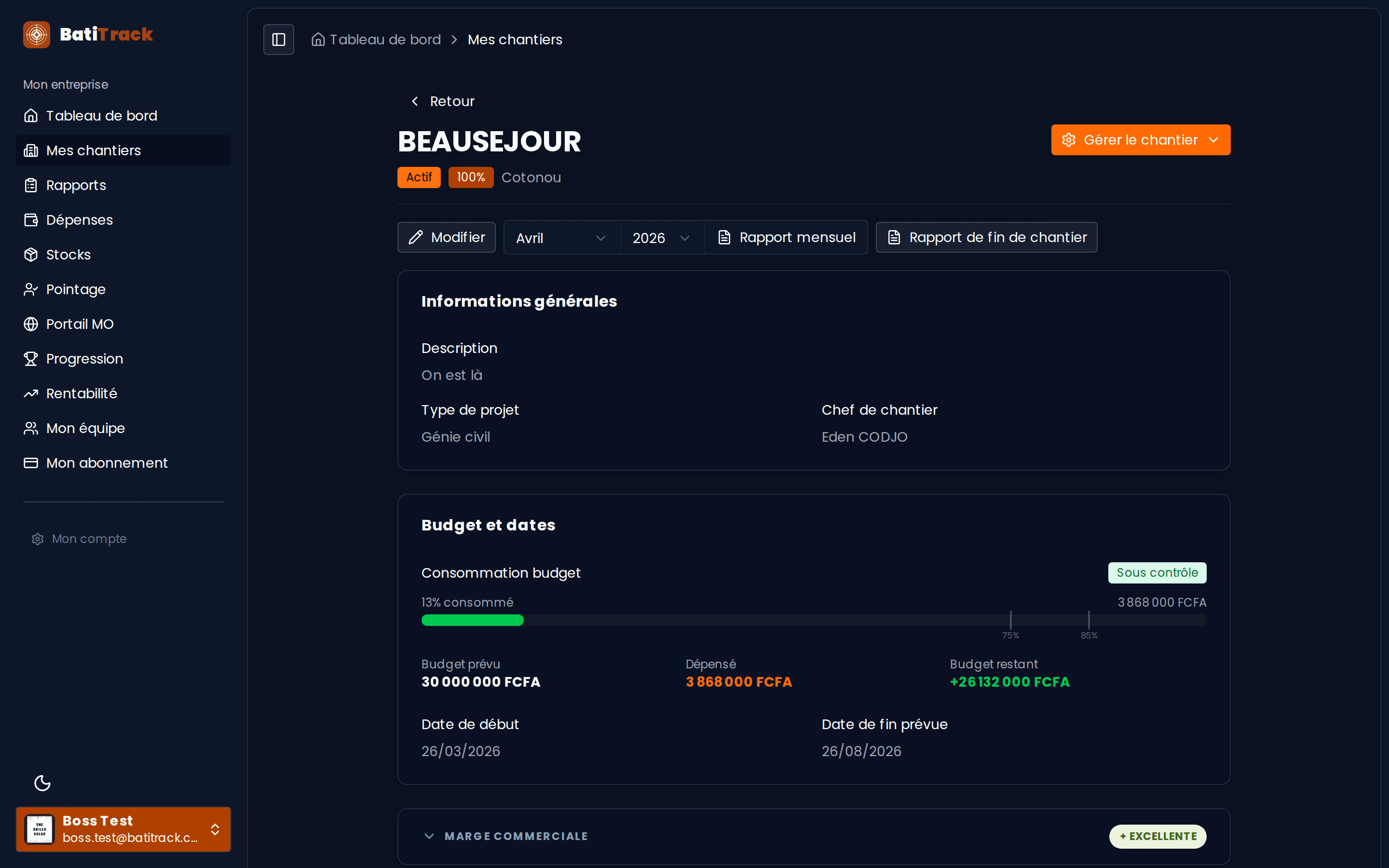 Tableau de bord Boss — fiche chantier avec alerte budget critique