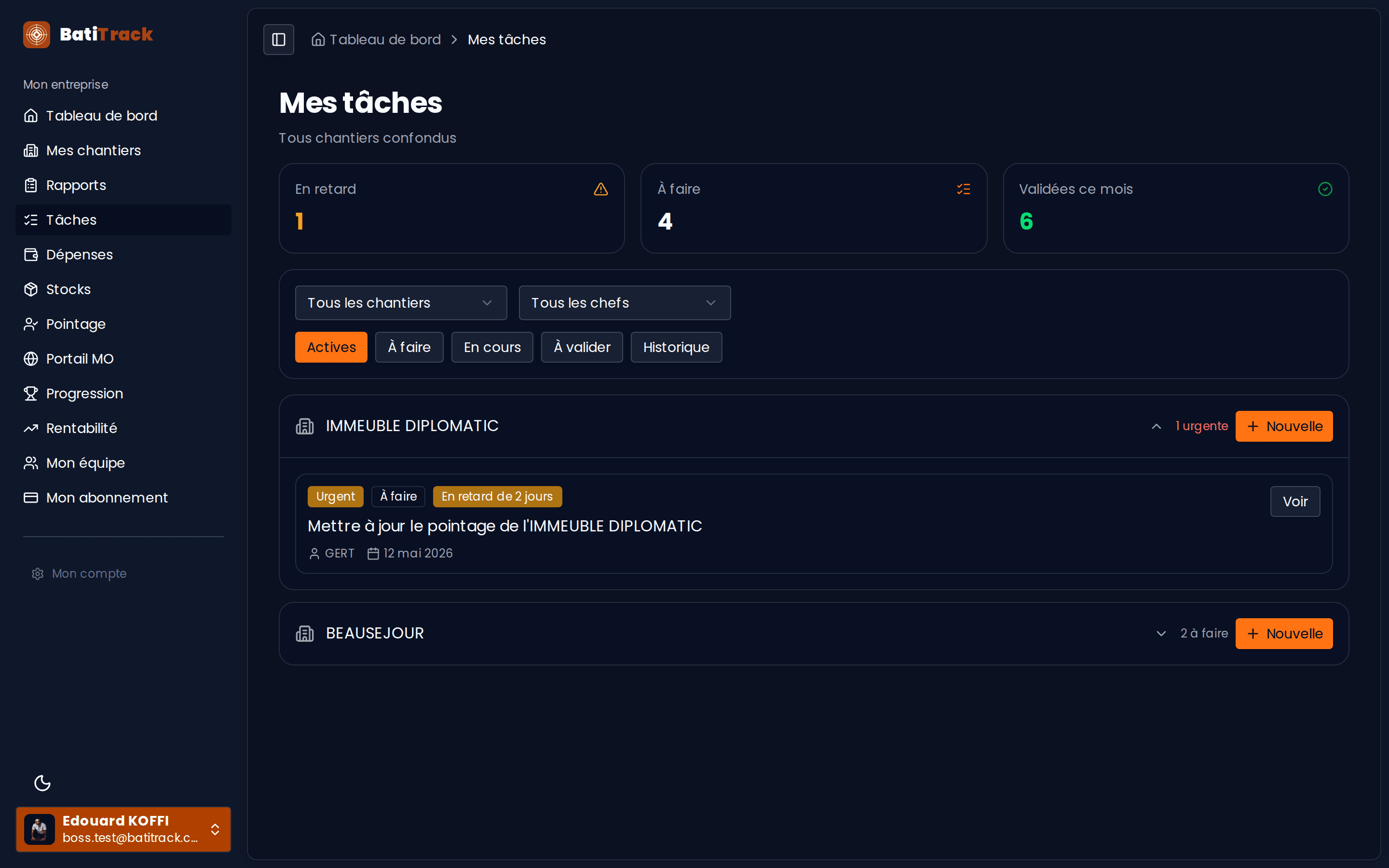 Tableau de bord Boss — gestion des tâches assignées aux chefs de chantier
