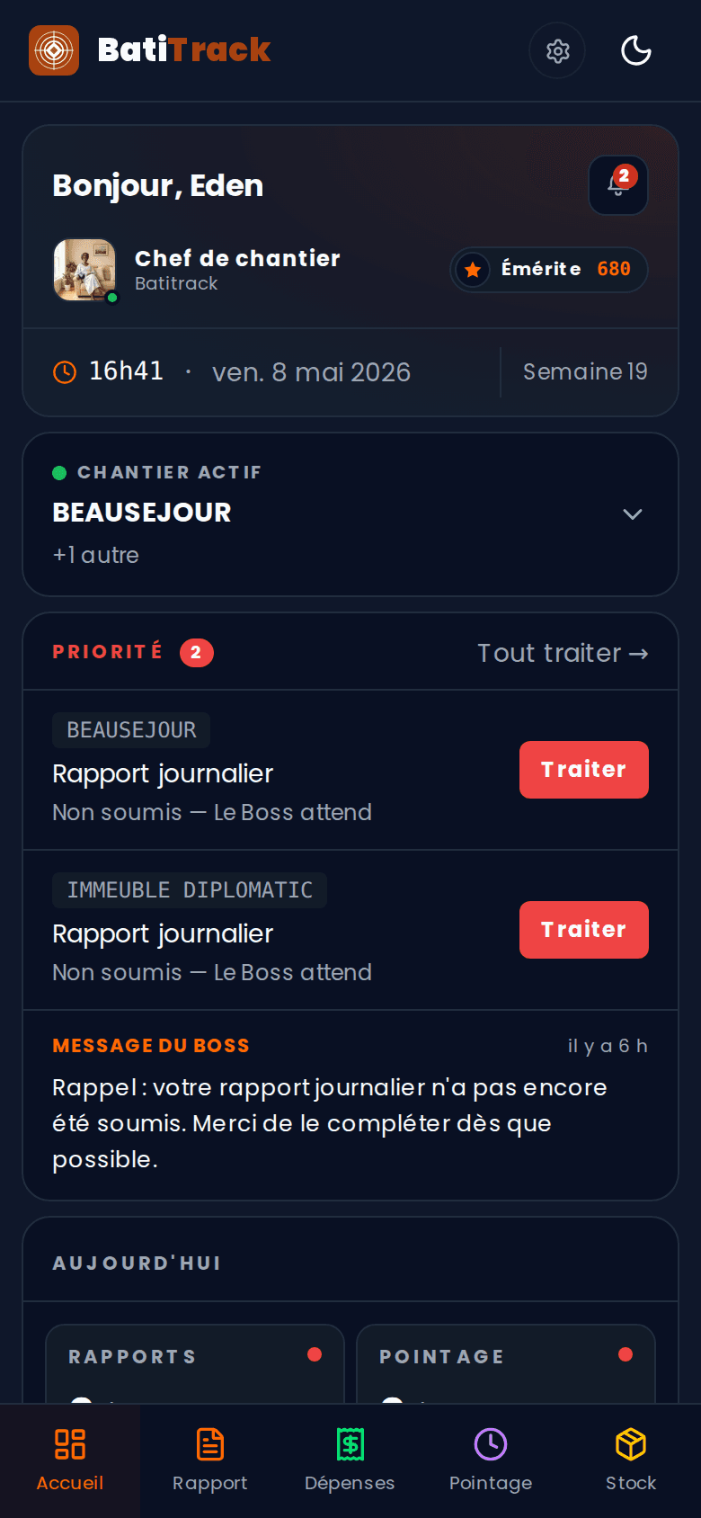 Application chef de chantier — accueil