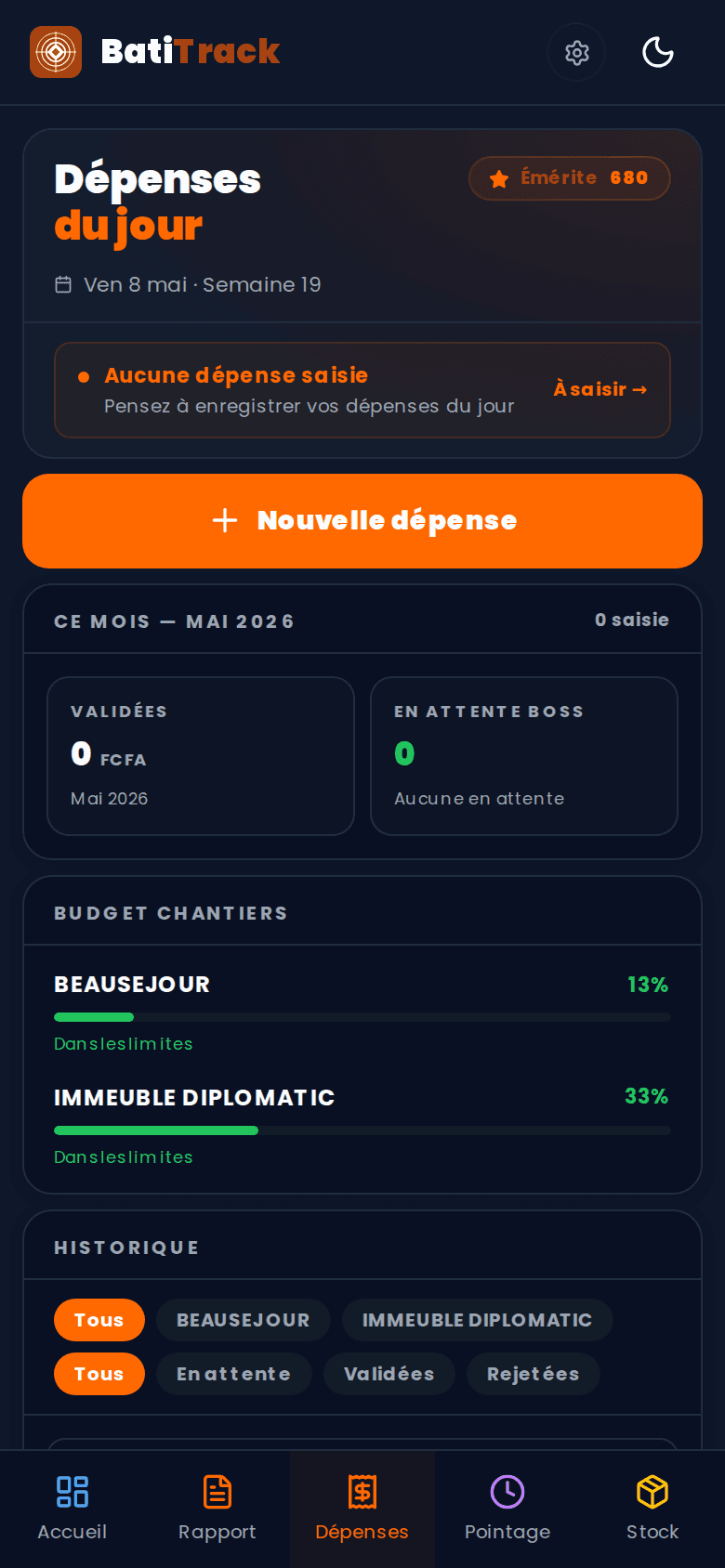 Application chef de chantier — dépenses