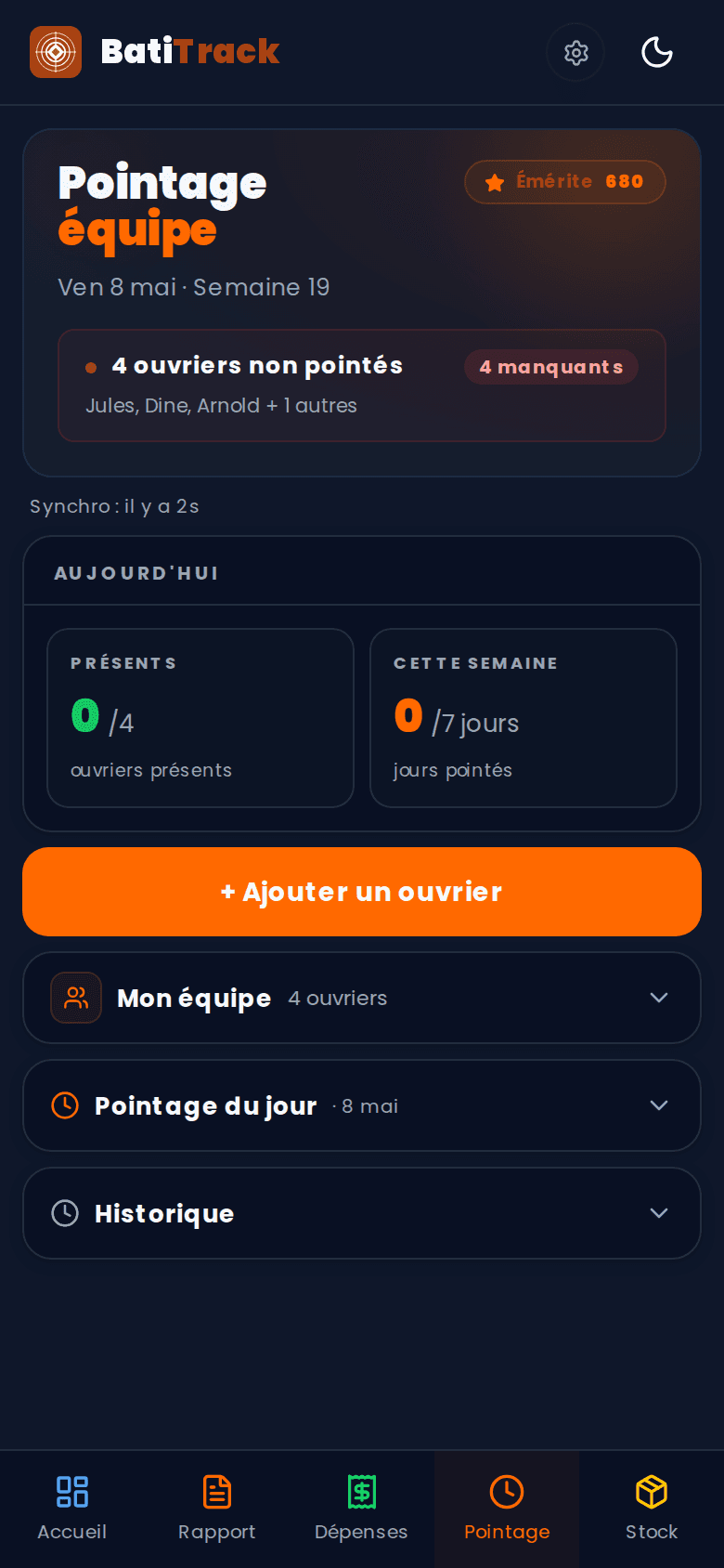 Application chef de chantier — pointage
