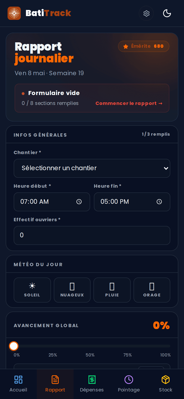 Application chef de chantier — rapport journalier