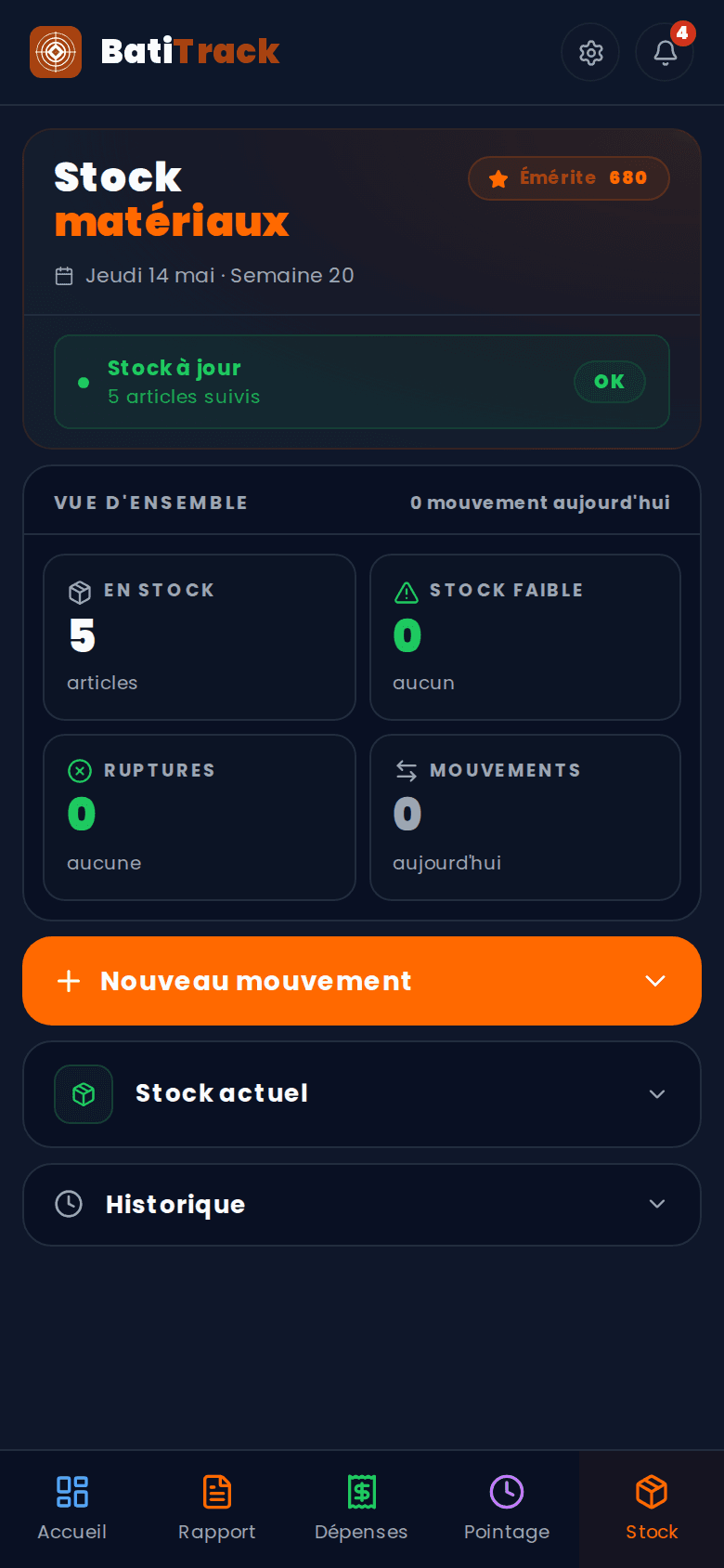 Application chef de chantier — gestion du stock de matériaux