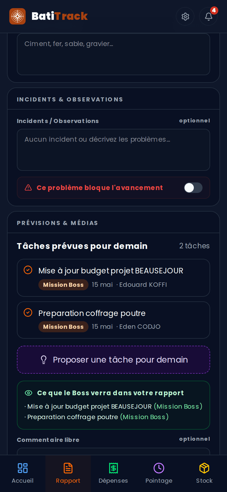 Application chef de chantier — tâches et prévisions dans le rapport