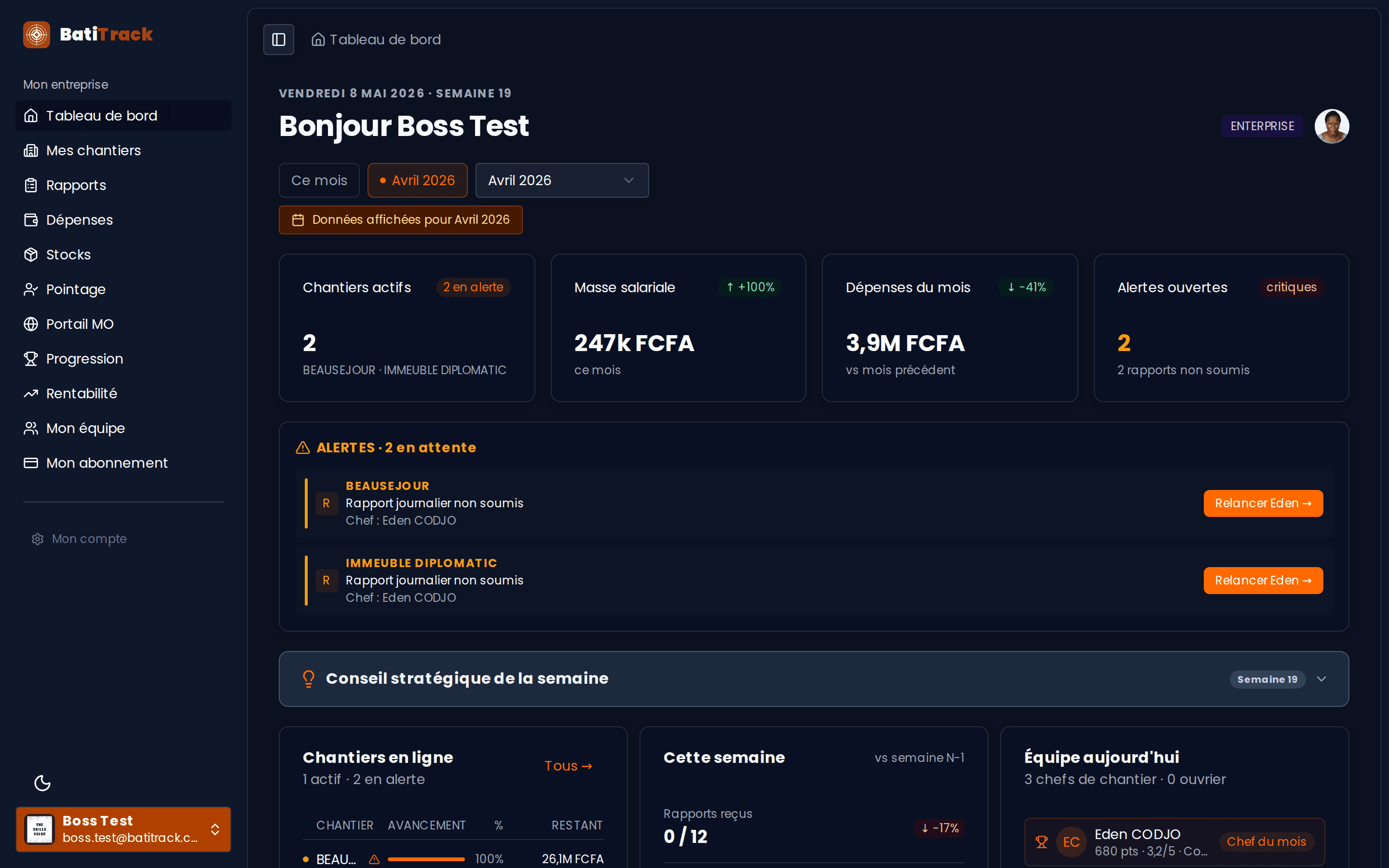 Tableau de bord BatiTrack — vue consolidée des chantiers actifs
