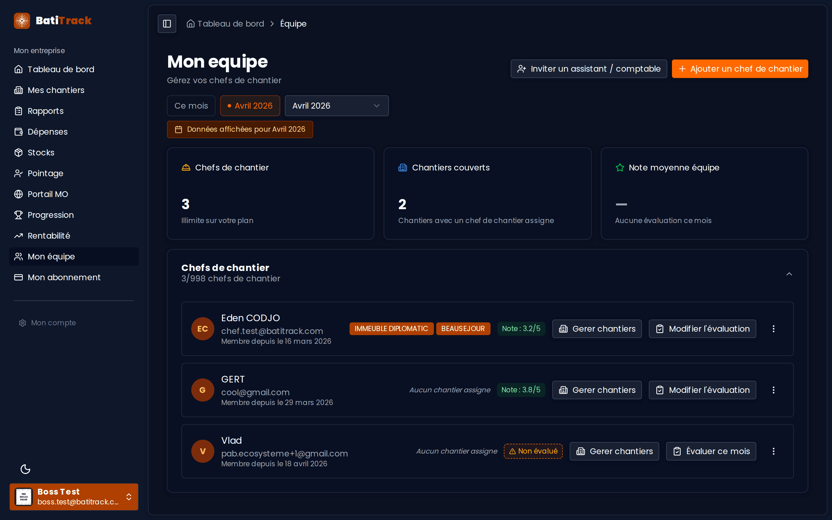 Gestion de l'équipe BatiTrack
