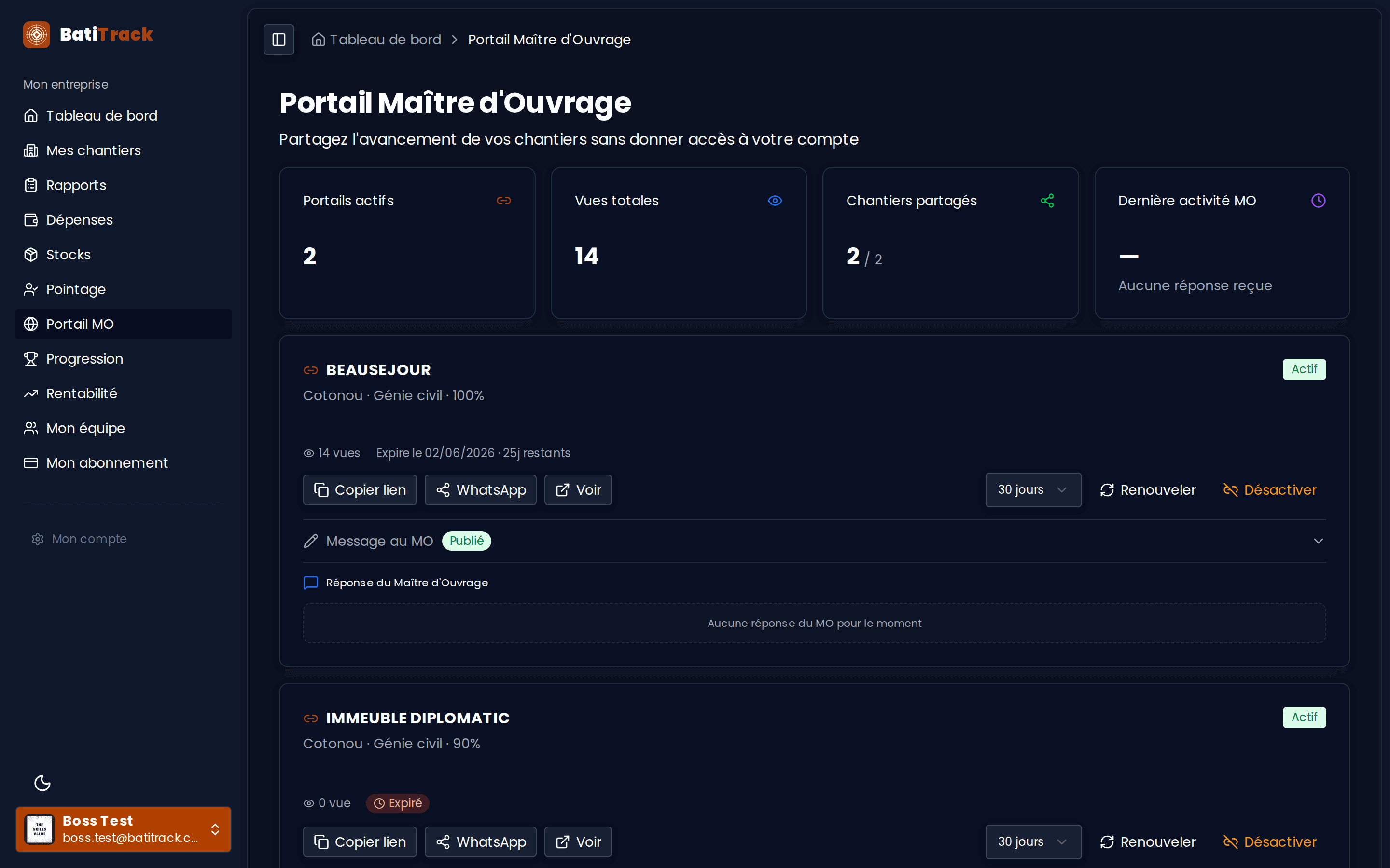 Tableau de bord Boss — portail Maître d'Ouvrage
