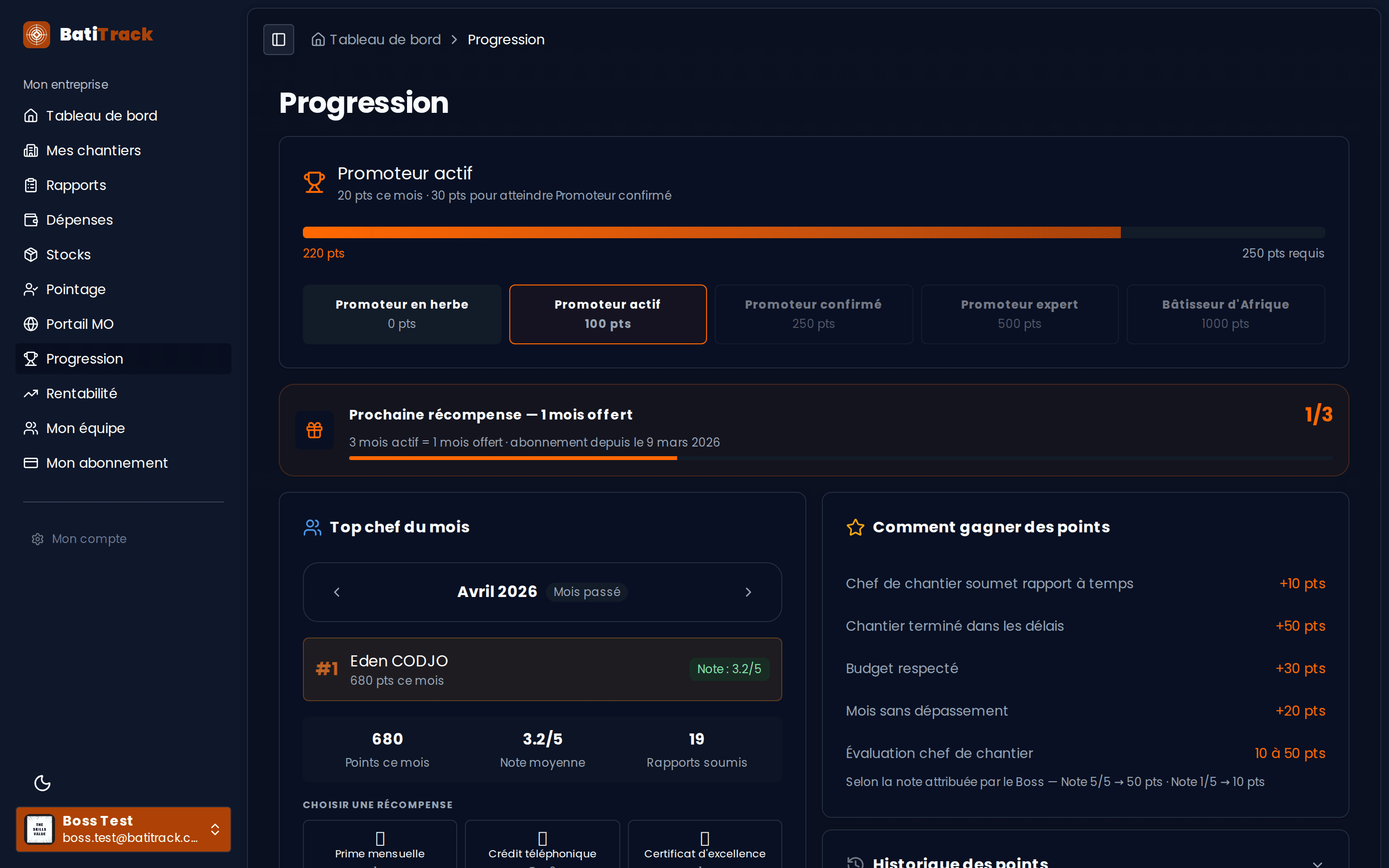 Tableau de bord Boss — programme de récompense et grades